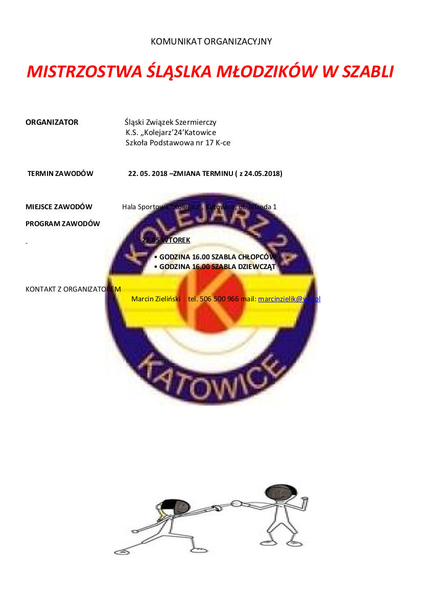 Komunikat organizacyjny Mistrzostw Śląska Młodzików w szabli Katowice 2018